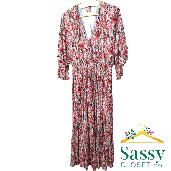 JODIFL Red Print Maxi Dress Double V Neck Tie Back Dolman Sleeve Tiered Sz L EUC - Picture 1 of 8